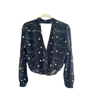 Lovers + Friends Black, Silver & Gold Star Print Cropped Blouse Back Cutout Sz S